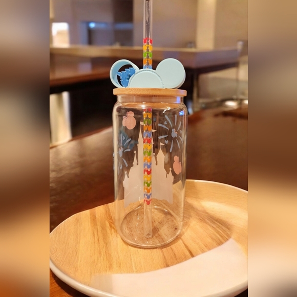 Disneyland Magic Kingdom Glass, bamboo lid Top, Mickey Ears topper, and straw - Picture 3 of 3